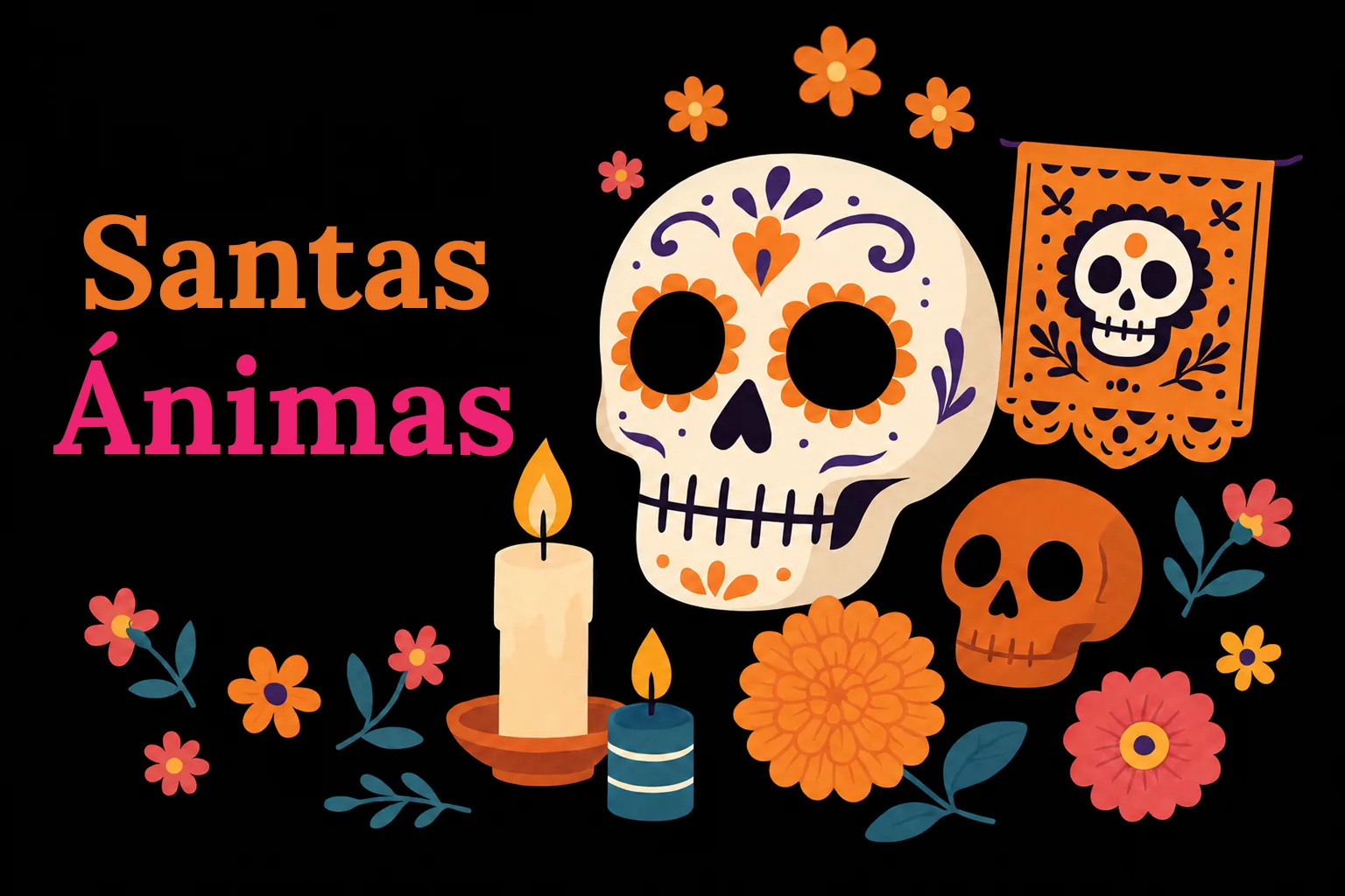 Santas Ánimas: calavera de azúcar, papel picado, velas y flores de cempasúchil