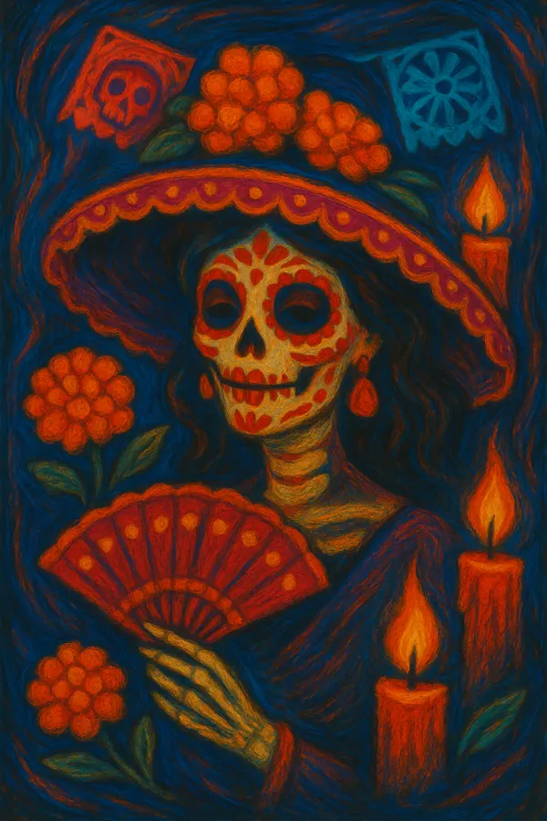 Catrina al óleo con sombrero y cempasúchil