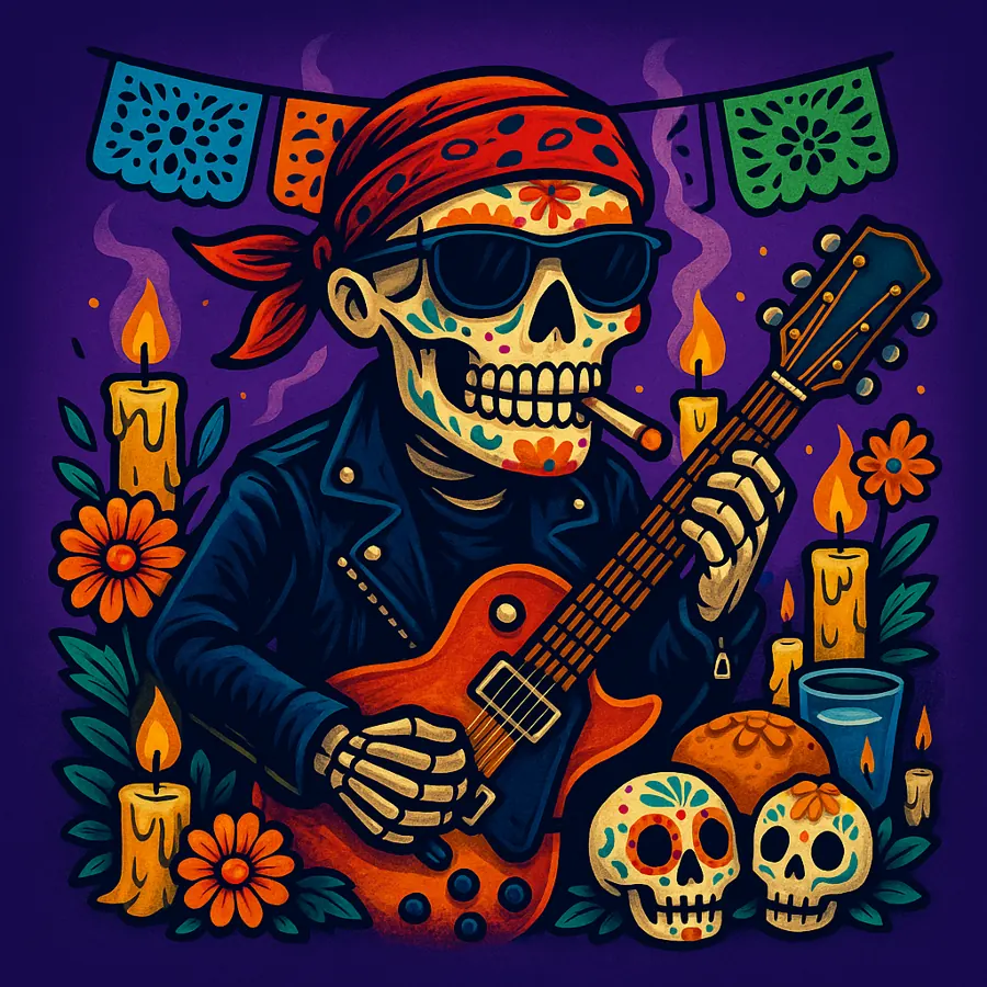 Esqueleto rockero con guitarra